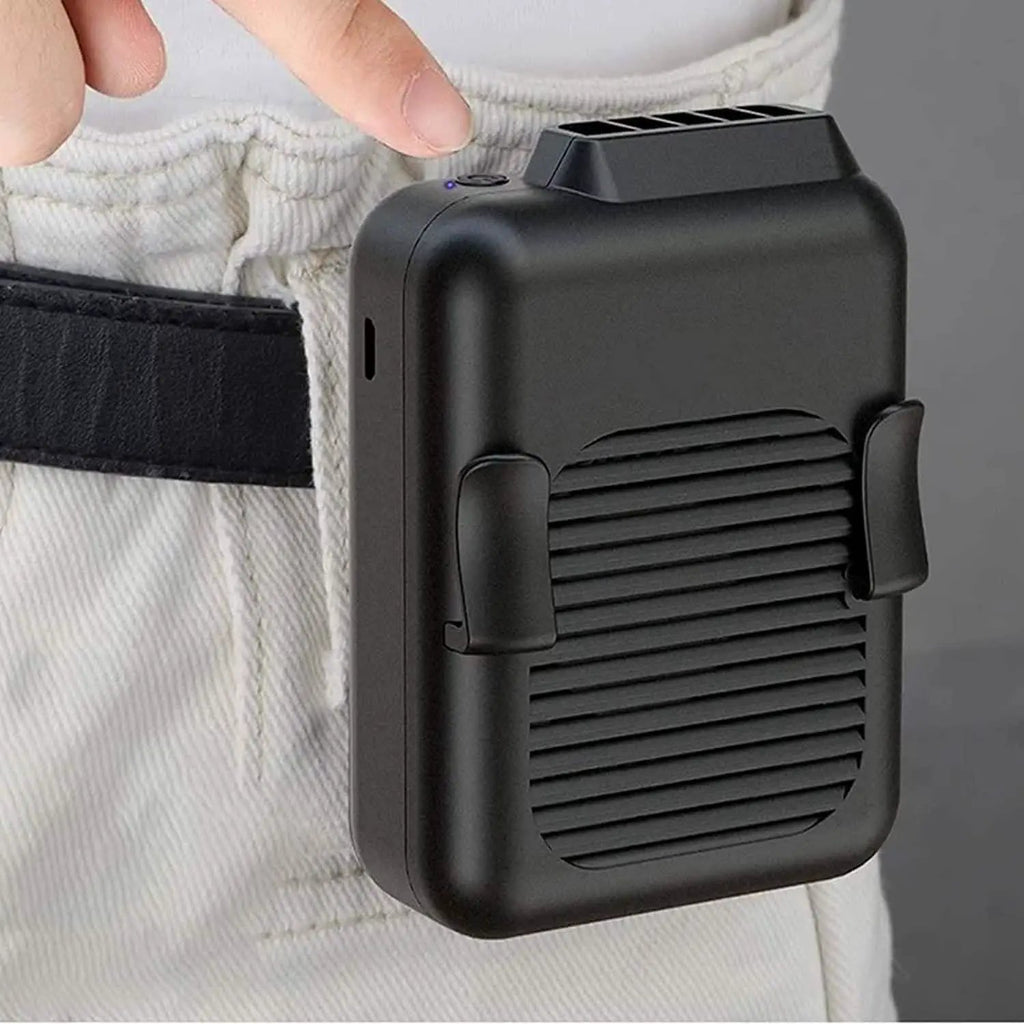 Portable Mini Neck Waist Fan by DailySale, black clip-on belt-worn personal cooling device.
