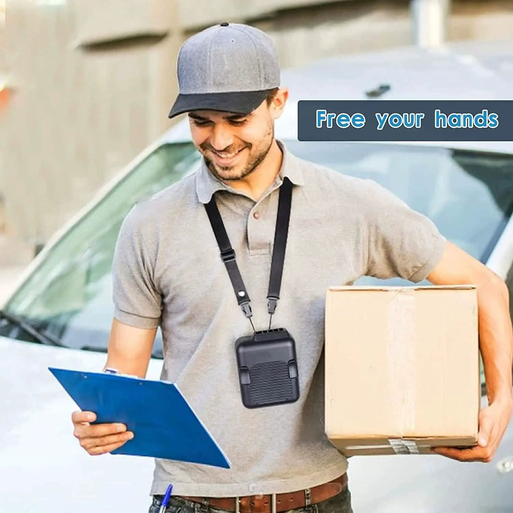 Portable mini neck fan, black plastic, worn around the neck by a delivery worker with a clipboard and a box
