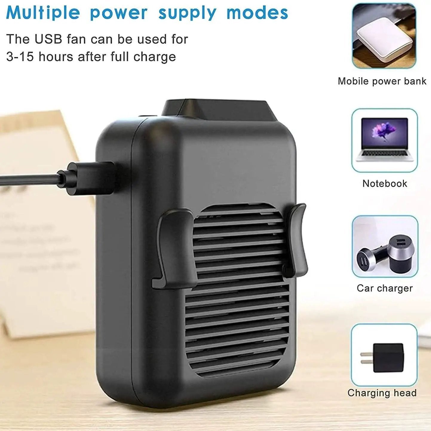 Portable Mini Neck Waist Fan by DailySale, black USB-rechargeable outdoor cooling device with multiple power modes