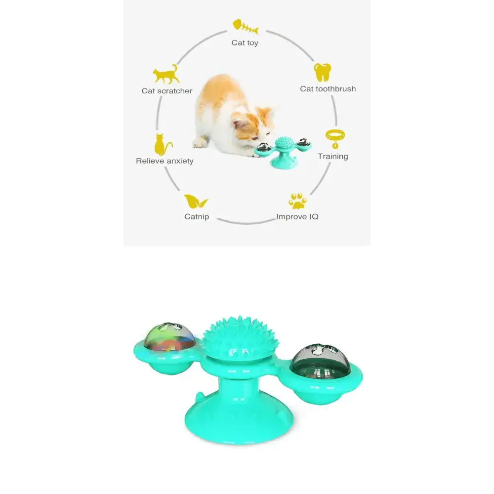 Rotatable cat massage toy turquoise by Stevvex with central spiked massager and side LED balls