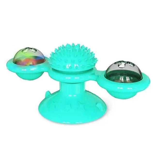 Stevvex rotatable cat toy three-arm interactive turntable in turquoise with spiky center and LED ball attachments