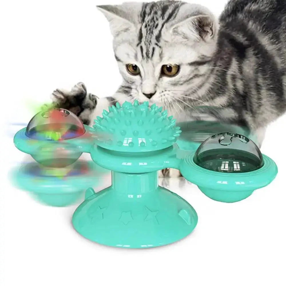 Stevvex cat toy, turquoise rotatable turntable with spiked massage ball and LED windmill ball