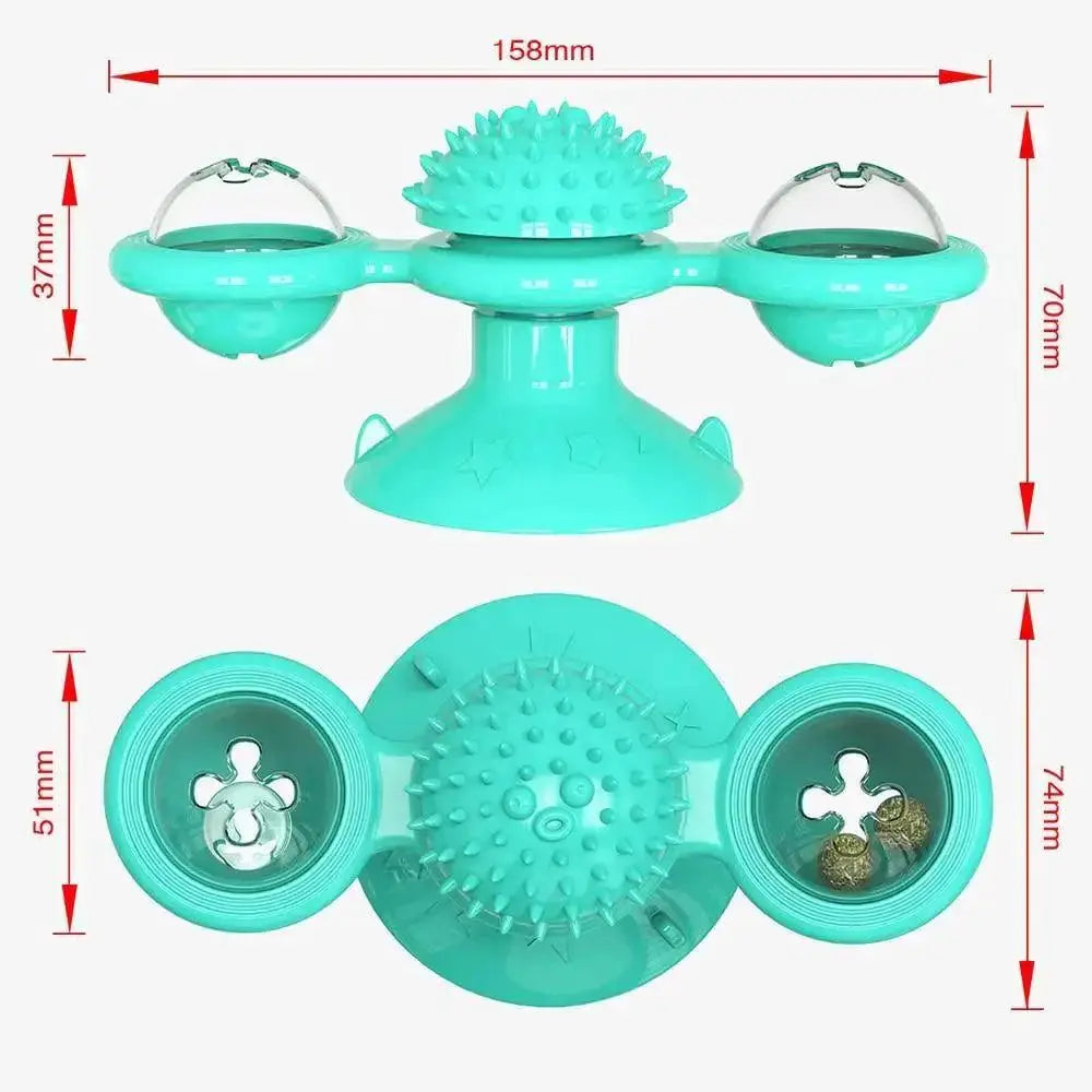 Rotatable Stevvex cat toy turquoise with windmill spikes and LED ball teeth-cleaning, interactive turntable