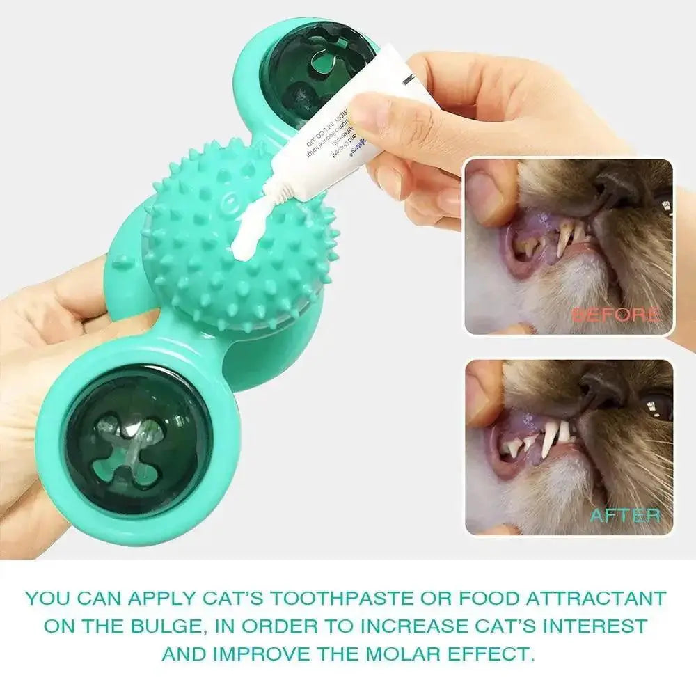 Stevvex teal rotatable cat toy with spiky massage ball and round ends