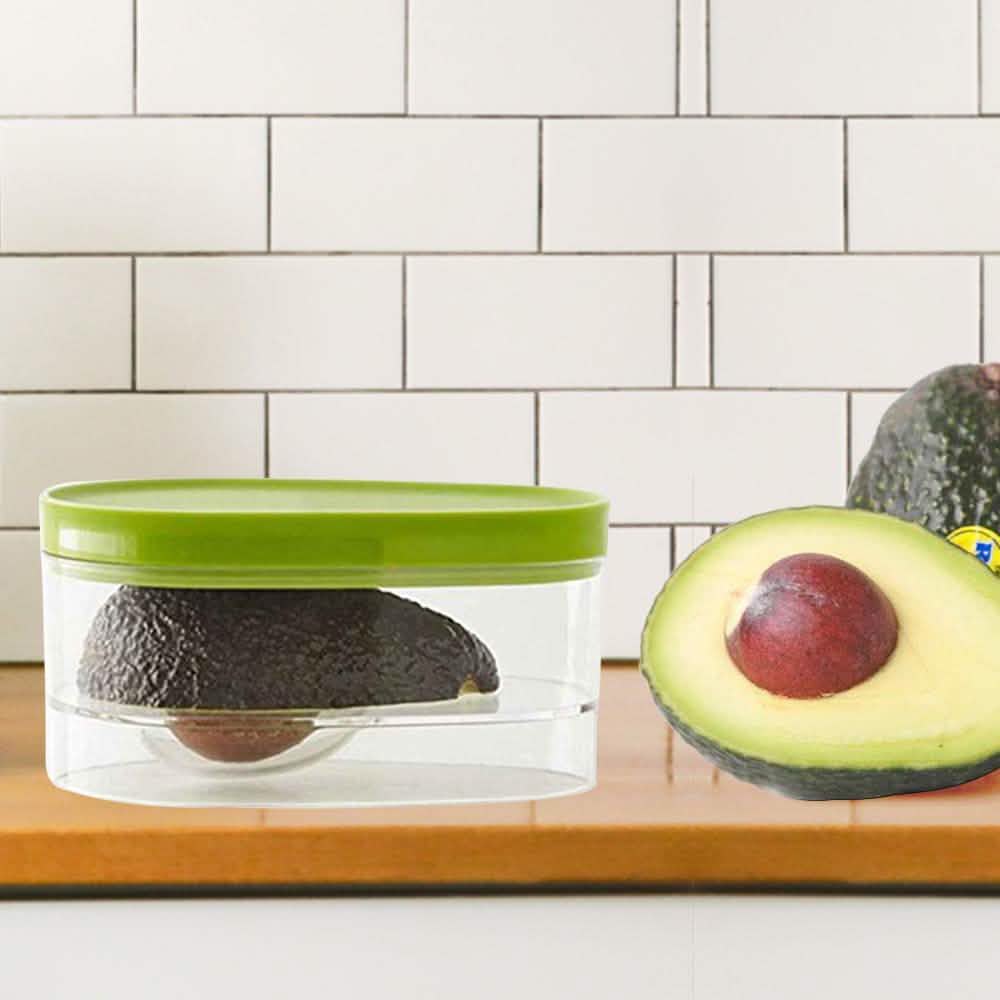 Snap-On Avocado Food Saver Storage Container by DailySale, clear plastic with lime-green lid beside avocado halves