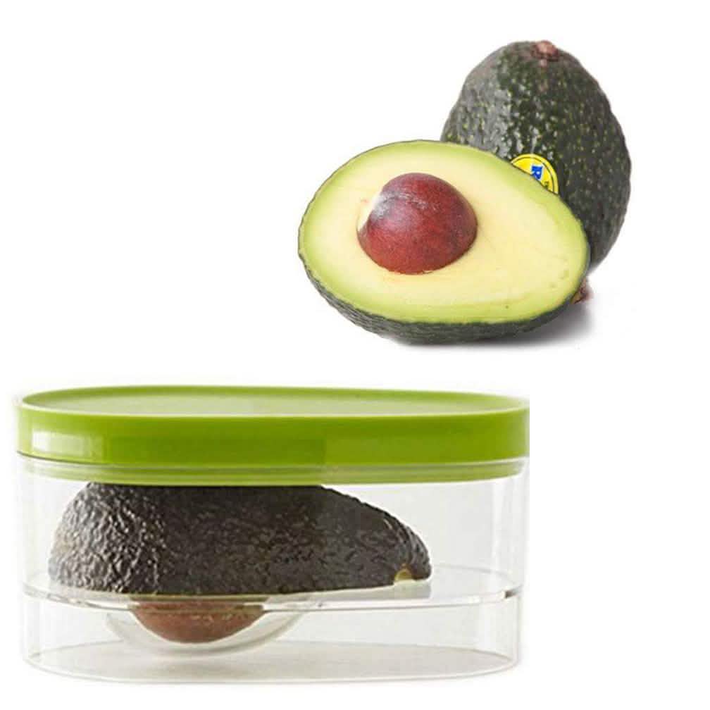 Snap-On Avocado Food Saver Container, DailySale; green lid, clear plastic; shown with two avocados for storage
