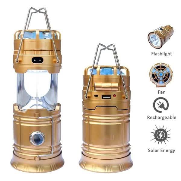 Solar USB Charging Tent Light + Fan lantern, gold finish; rechargeable via solar energy