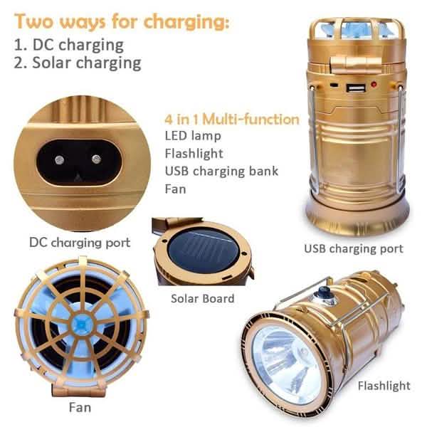 Solar USB Charging Tent Light + Fan DailySale; gold outdoor 4in1 lantern with LED lamp & flashlight, USB charging bank