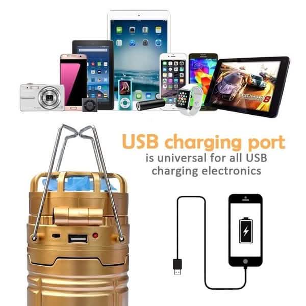DailySale solar USB tent light and fan; gold camping lantern with USB charging port