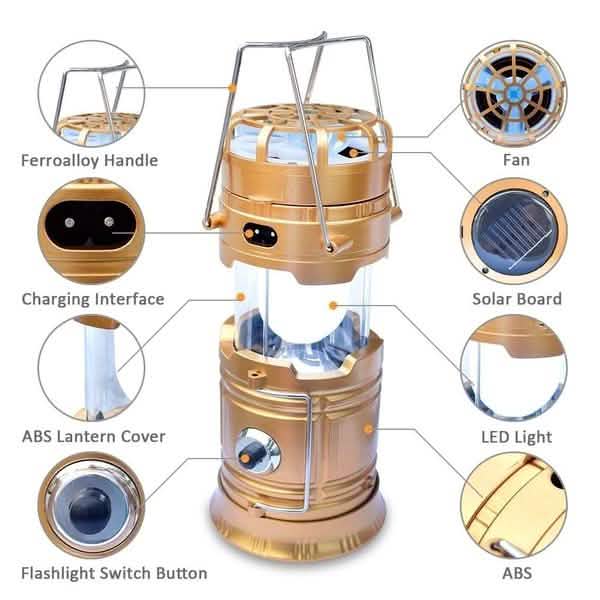 Solar USB Charging Tent Light + Fan, DailySale outdoor lantern, gold-tone with LED light and built-in fan