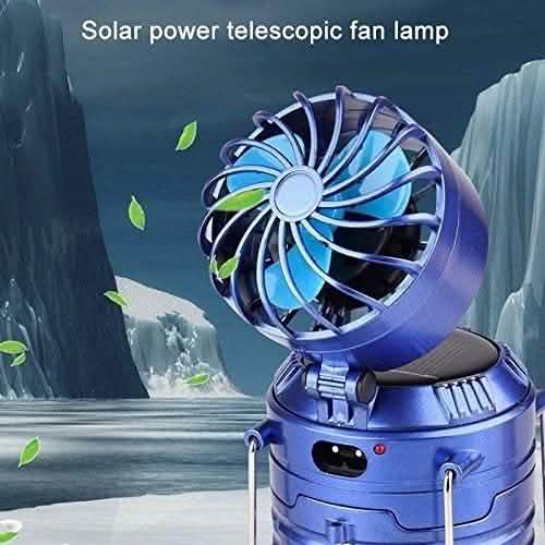 Solar USB charging tent light, blue, built-in fan; portable telescopic camping lantern for outdoor recreation.