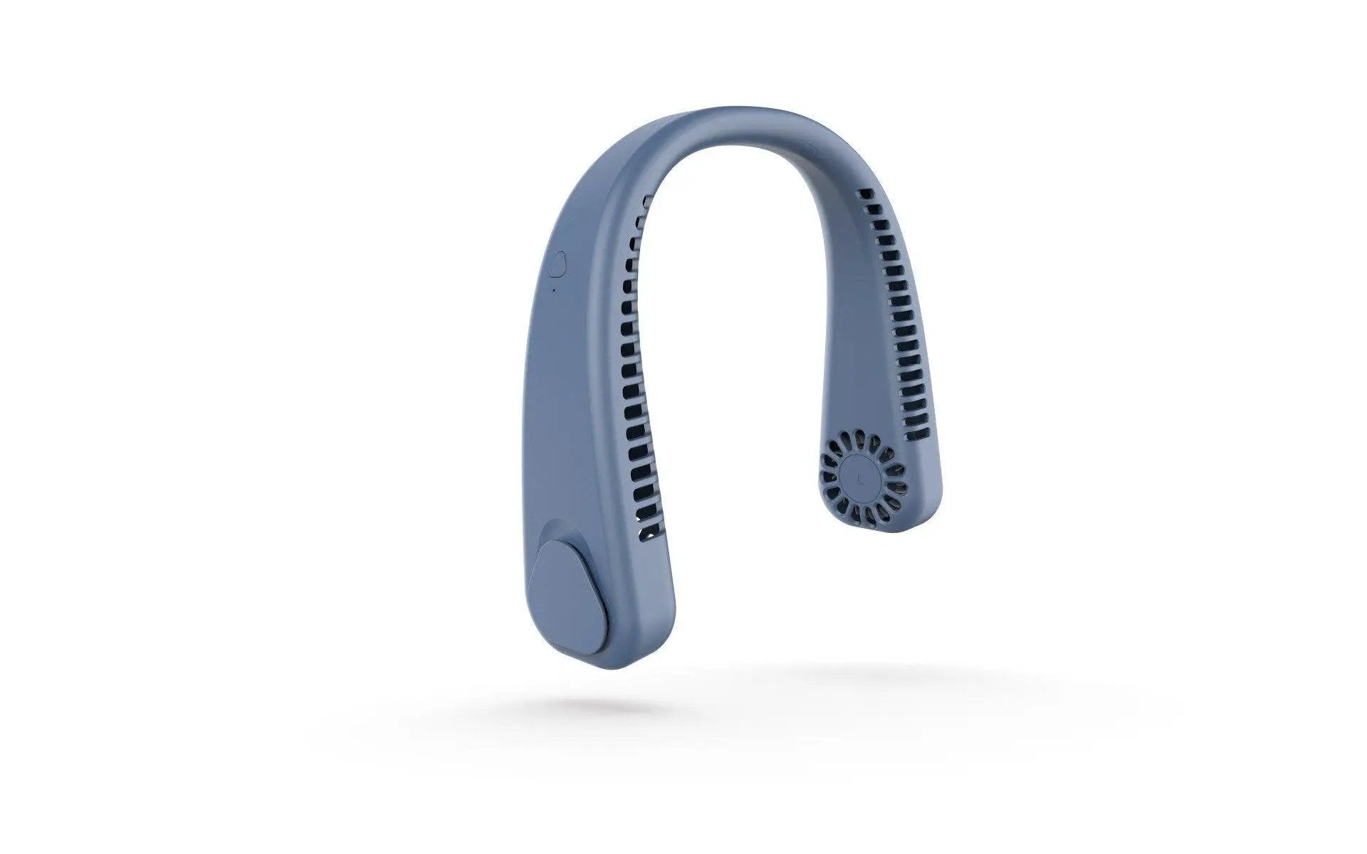 Blue wearable neck fan with vented inner arms, bladeless design, USB rechargeable