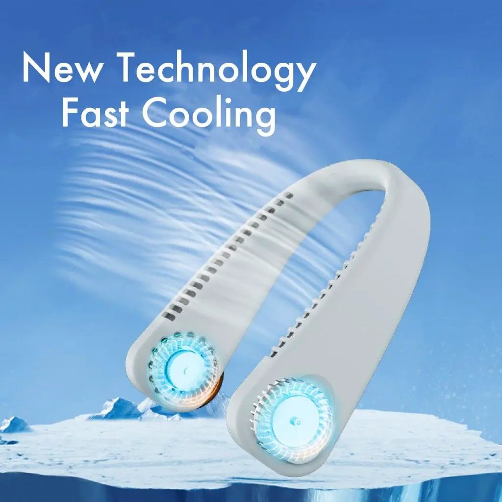 Stevvex two-fan bladeless white neck fan, USB rechargeable wearable cooling device