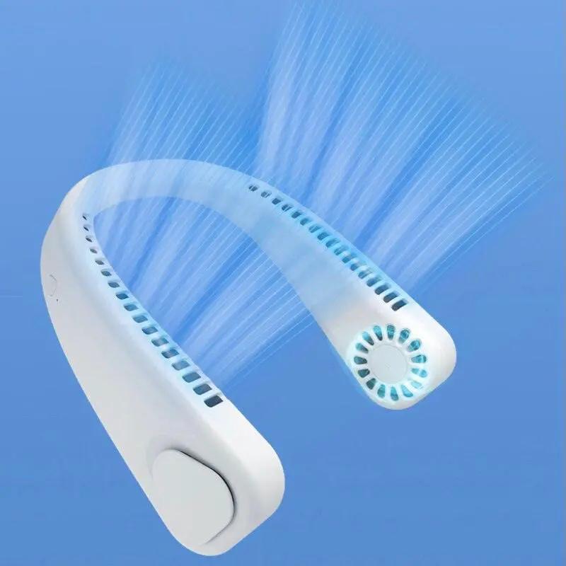 Stevvex neckband fan, white bladeless USB-rechargeable wearable cooler.