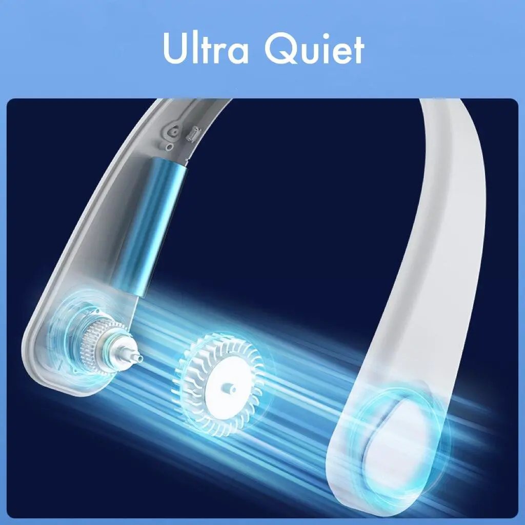 Stevvex neck fan, bladeless wearable USB rechargeable, white with blue accents, ultra-quiet personal cooling