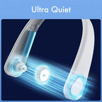 Stevvex neck fan, bladeless wearable USB rechargeable, white with blue accents, ultra-quiet personal cooling