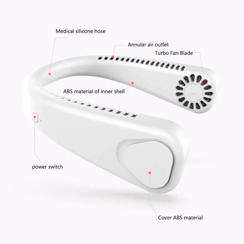 Stevvex white portable neck fan, bladeless USB-rechargeable wearable mini fan