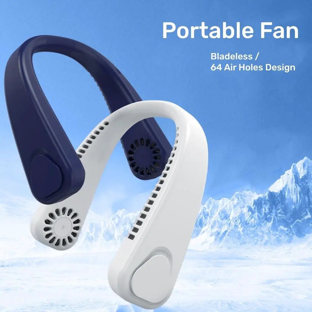 Portable hanging-neck bladeless fan in white with navy head, USB-rechargeable wearable cooling