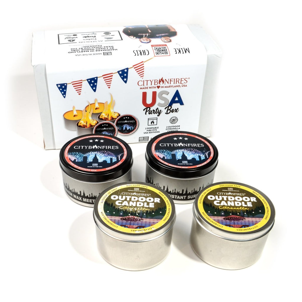 City Bonfires USA Party Box with limited edition bonfires and citronella candles.