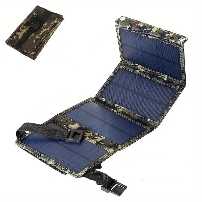 USB Foldable Solar Panel by DailySale; camouflage-pattern case with blue solar cells, portable foldable charger for mobile devices.