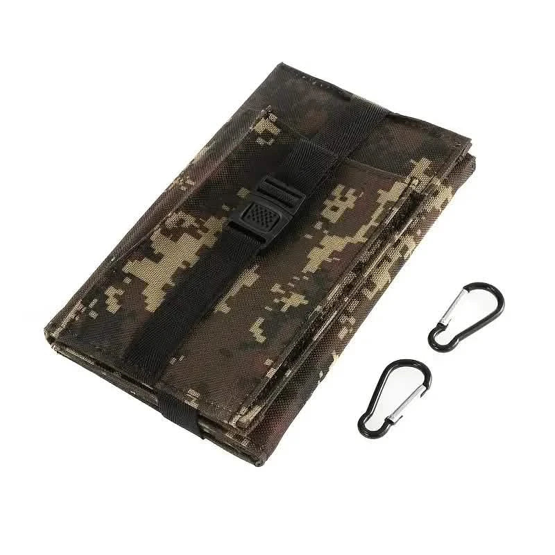 USB Foldable Solar Panel in camo pouch with buckle strap and two carabiners