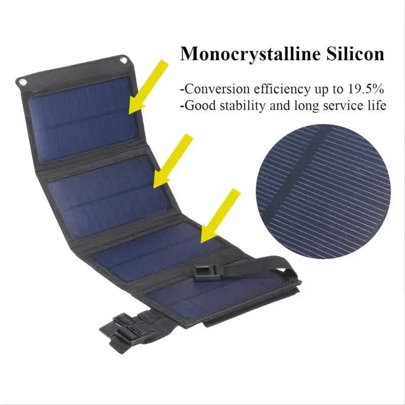 USB Foldable Solar Panel with blue monocrystalline silicon cells in a compact foldable mobile accessory
