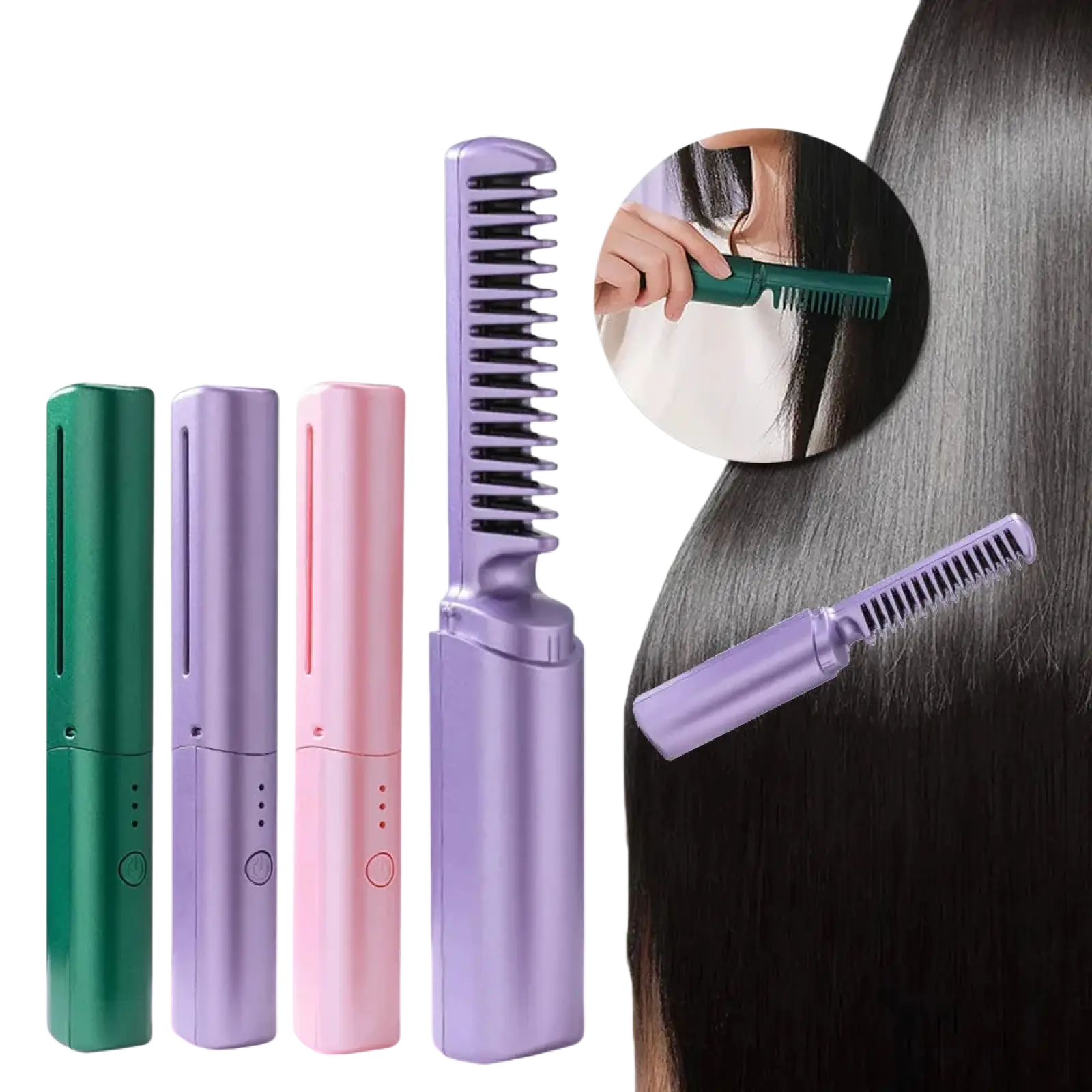 Wireless ceramic hair straightener brushes in purple, green, and pink.